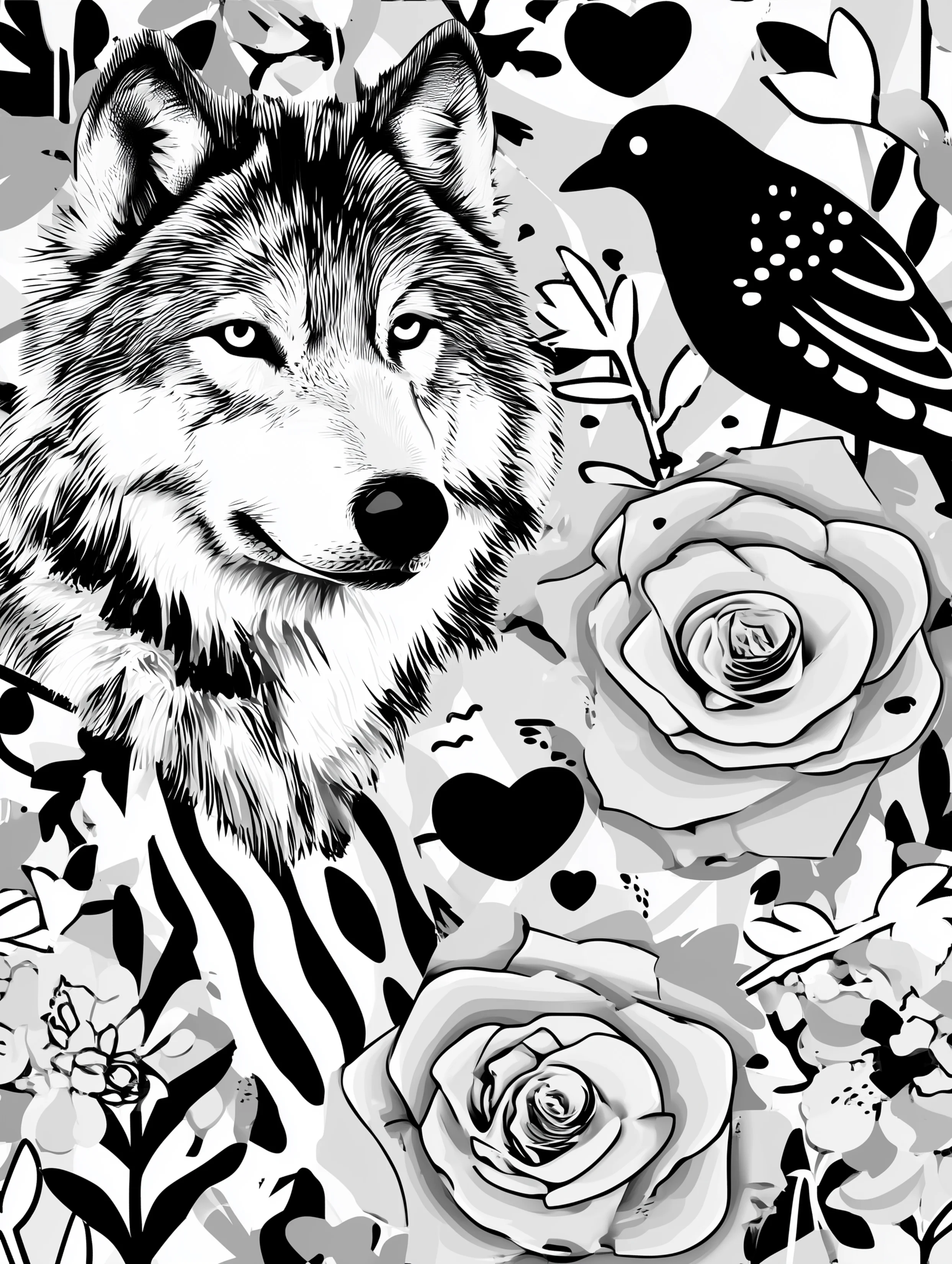 Free printable wolf coloring page for adults featuring a bird positioned on the right near a wolf